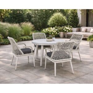 CENTRAL Set Τραπεζαρία Κήπου ALU & Rope Grey-Μαξιλ.Ανθρακί: Τραπέζι Φ100cm + 4 Πολυθρόνες