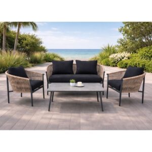 GASBA Set Σαλόνι Κήπου 4τεμ, Alu Ανθρακί, Rope Wicker Φυσικό, Μαξιλάρια Σκούρο Γκρι