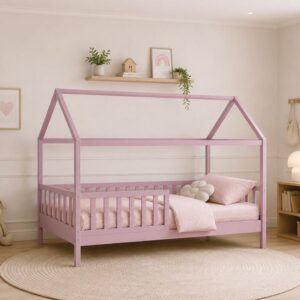 DREAM τ.Montessori Παιδικό Κρεβάτι με Στρώμα 90x190/19cm, Ξύλο Πεύκου Απόχρωση Ροζ