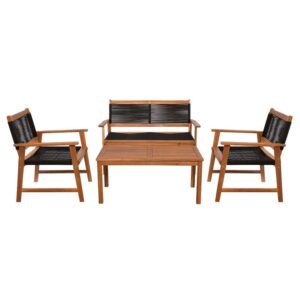 SPRING Set Σαλόνι Κήπου Ακακία Φυσικό, Wicker Μαύρο: Τραπέζι + Καναπέ 2Θέσιο + 2 Πολυθρόνες
