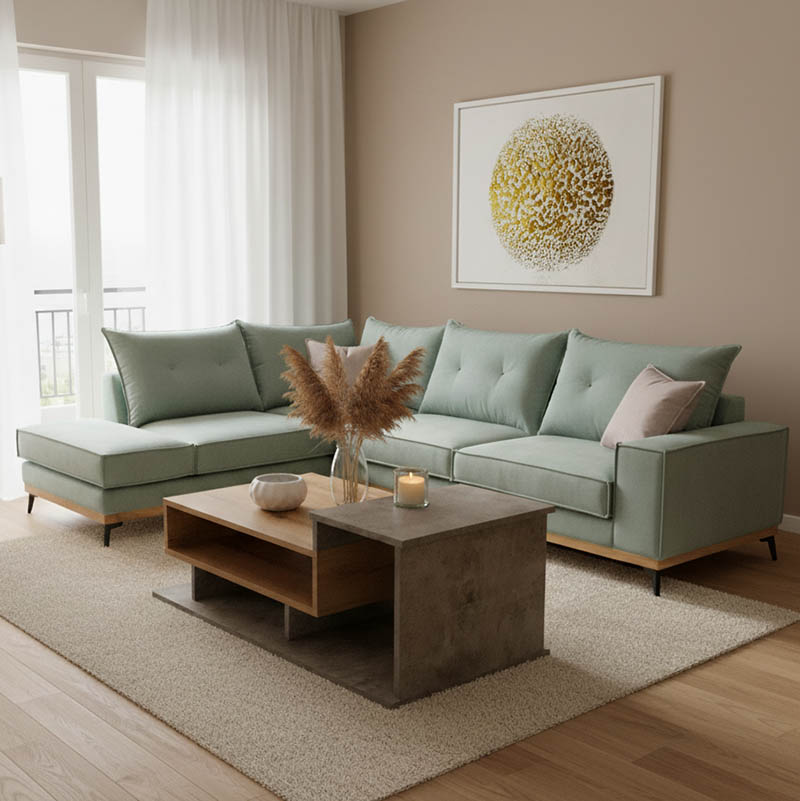Γωνιακός καναπές δεξιά γωνία Luxury II pakoworld ύφασμα ciel-cream 290x235x95εκ