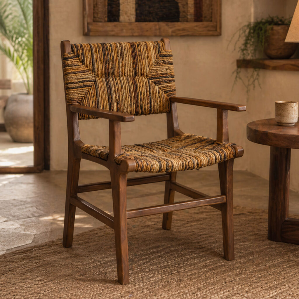 Πολυθρόνα Refane pakoworld φυσικό teak ξύλο-ψάθα 55x60x85εκ
