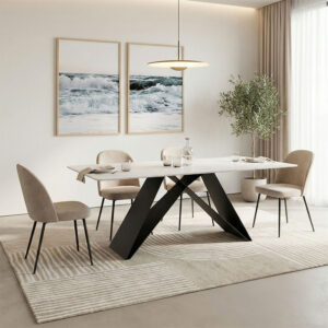 Τραπέζι Mapele pakoworld sintered stone λευκή όψη μαρμάρου με μαύρα μεταλλικά πόδια 180x90x75εκ