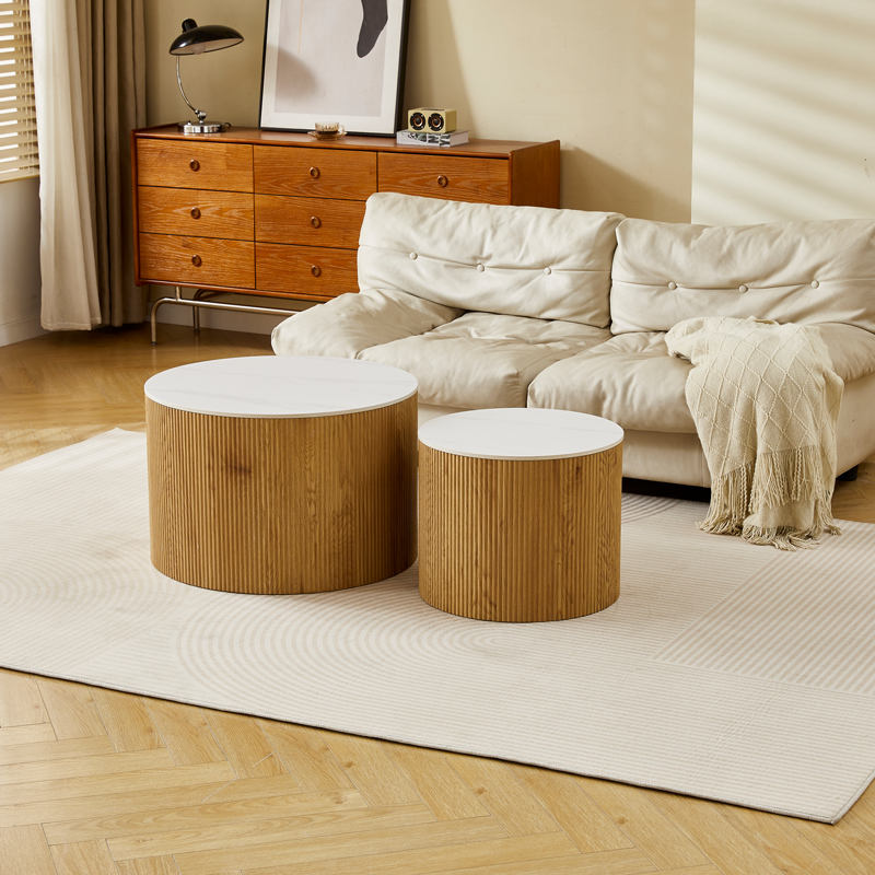Τραπέζι σαλονιού Nelba pakoworld σετ 2τεμ oak MDF με κεραμική επιφάνεια σε όψη μαρμάρου